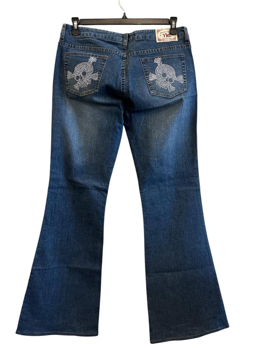 Y2K YMI Medium Wash Blue Denim Flare Punk Jeans with Rhinestone Skull Pockets